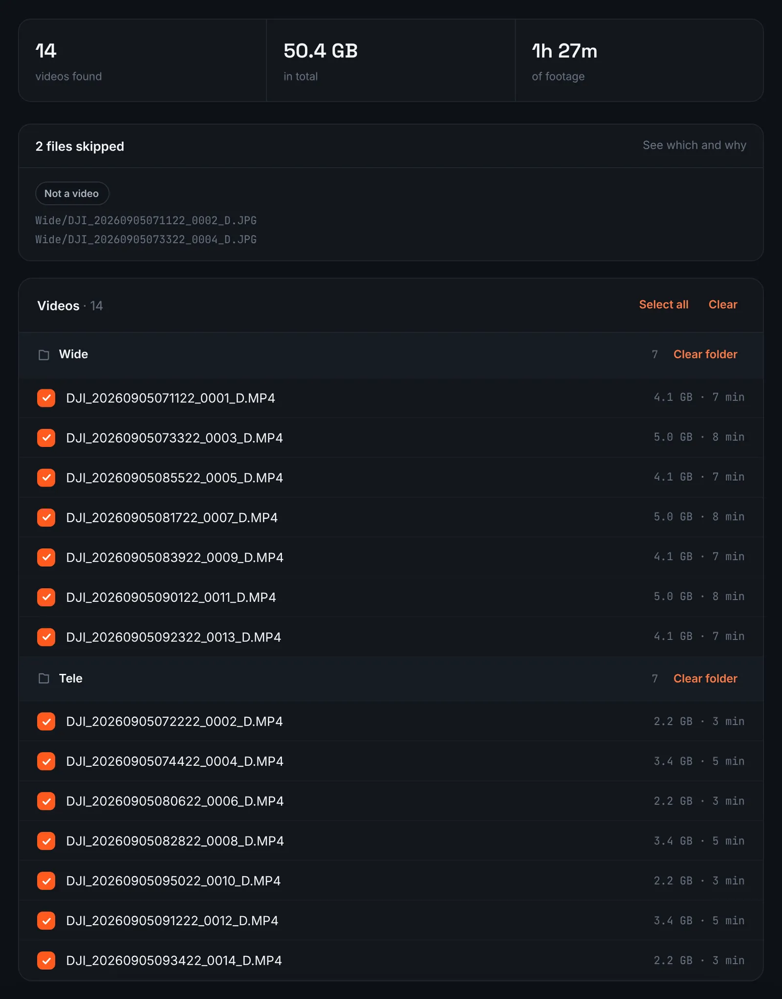 RawClip review of DJI Air and Mavic videos found in a Google Drive folder with checkboxes and the skipped photos