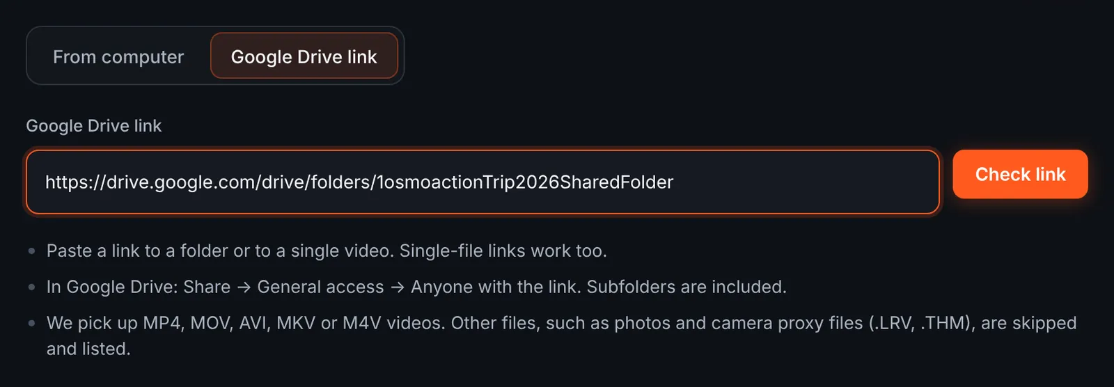 RawClip new highlight with the Google Drive link source selected and an Osmo Action folder link pasted in