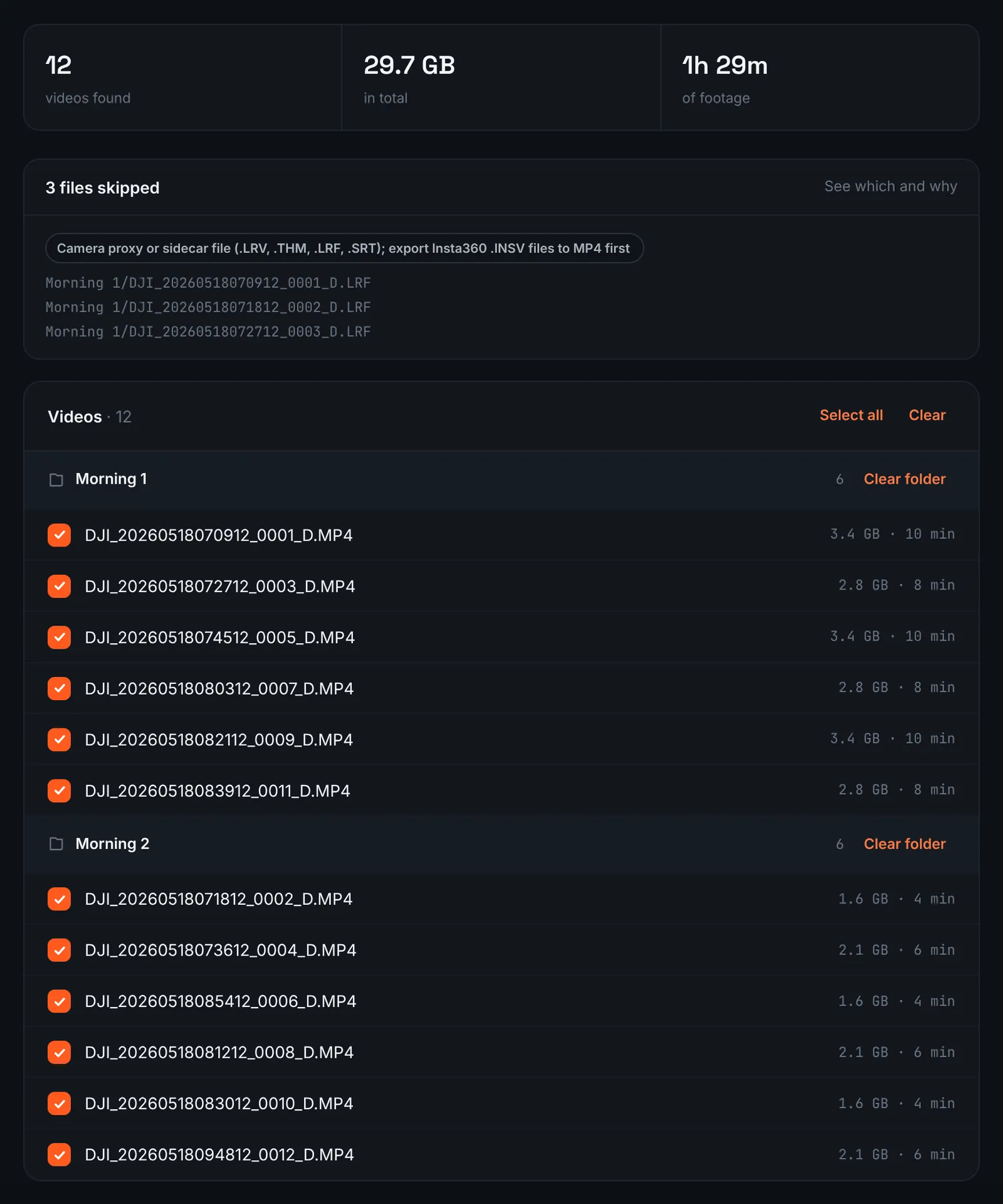 RawClip review of a shared Google Drive folder listing Osmo Action videos with checkboxes and the skipped LRF files
