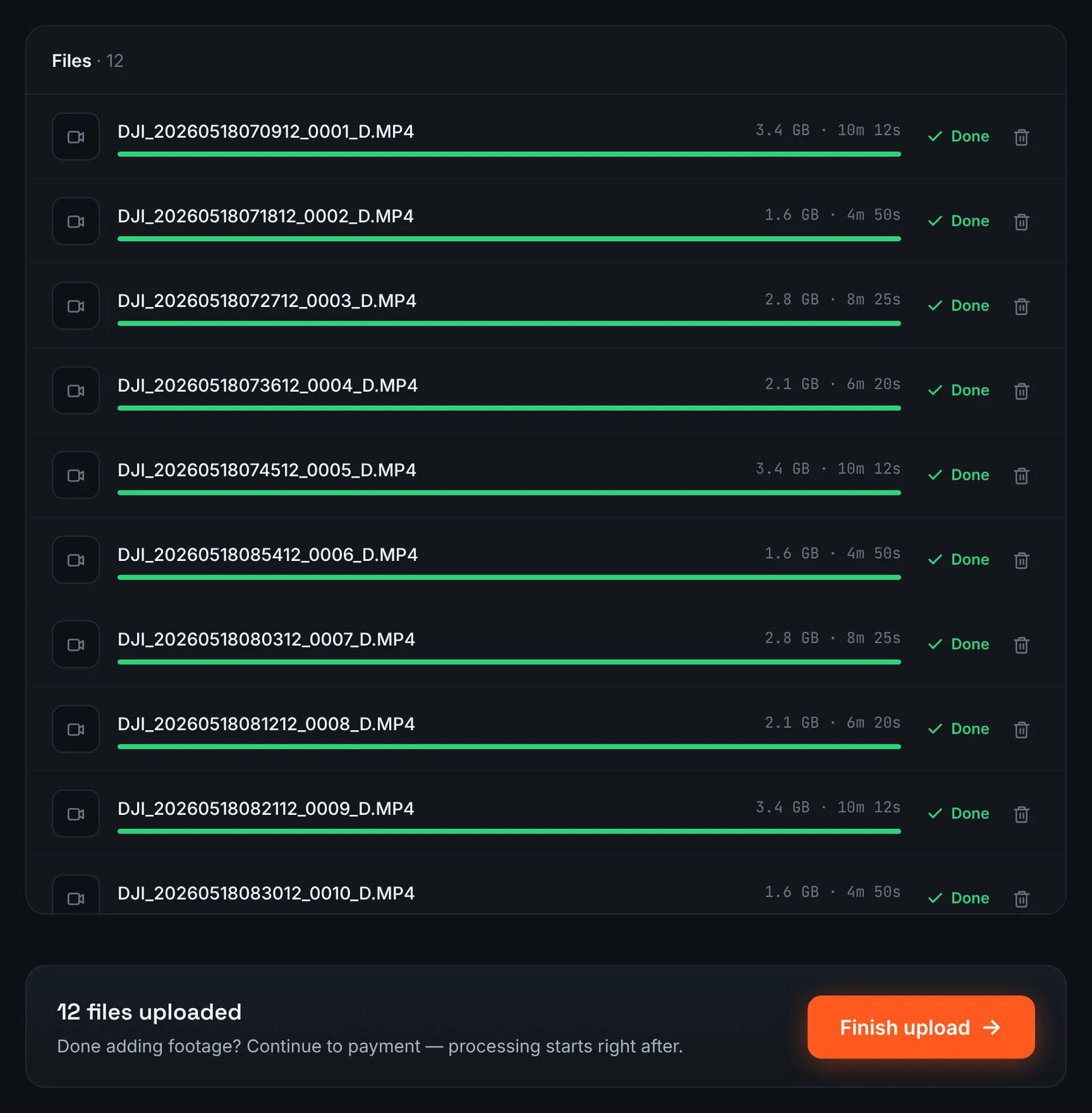 RawClip upload screen listing DJI Osmo Action MP4 files with their sizes and lengths and a Finish upload button
