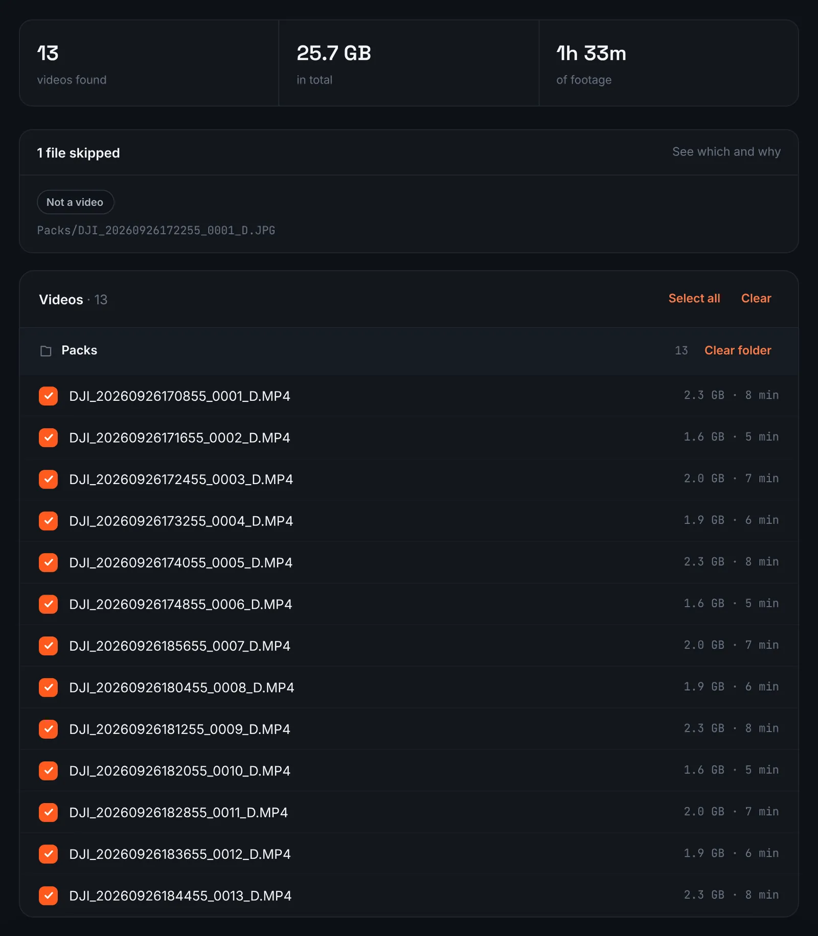 RawClip review of FPV drone videos found in a Google Drive folder with checkboxes and skipped files