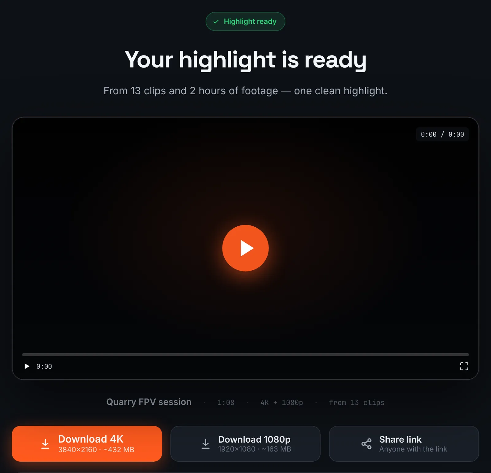 RawClip result page with the finished FPV drone highlight and download buttons for 4K and 1080p