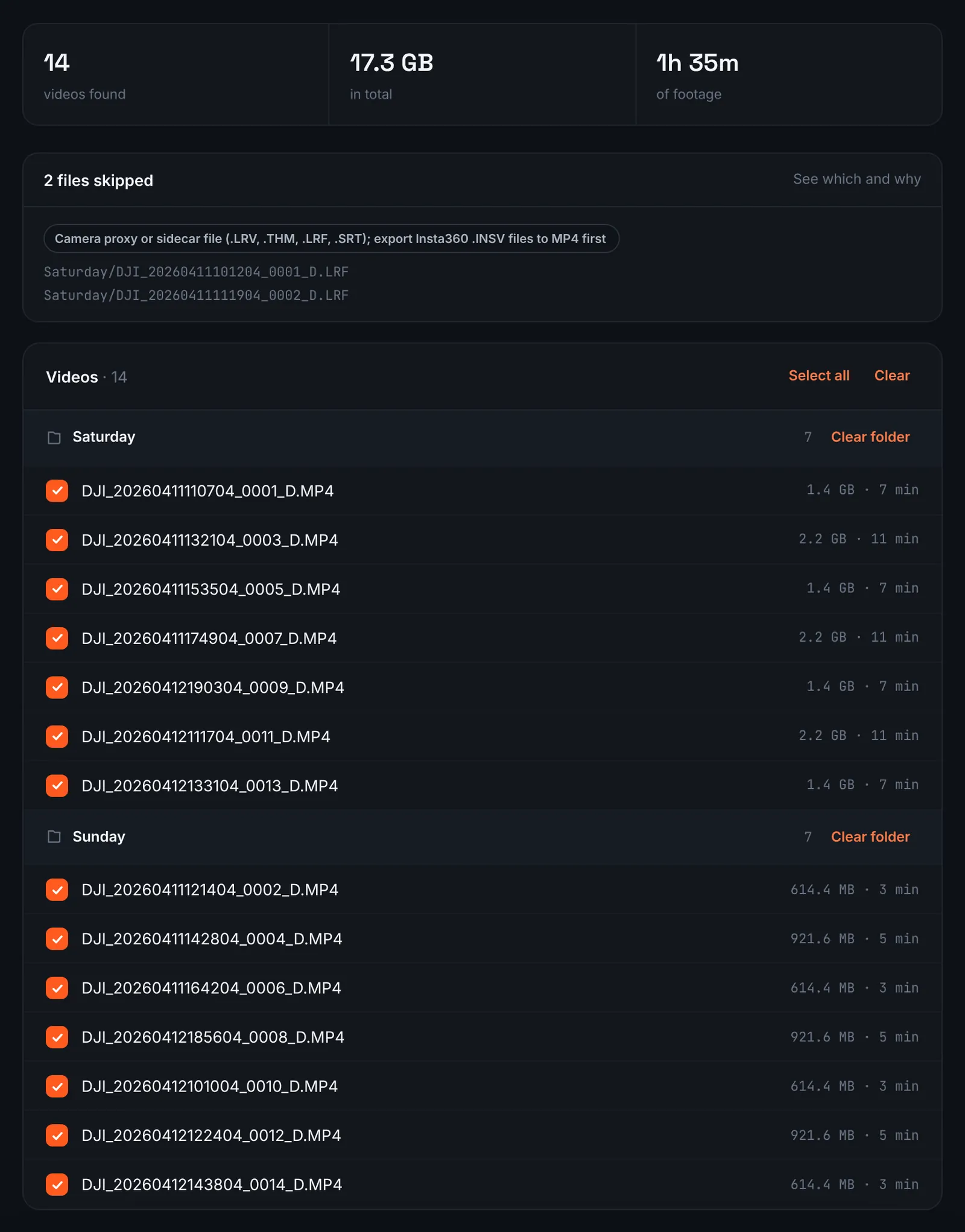 RawClip list of Osmo Pocket videos from a Google Drive folder grouped by day, with checkboxes and skipped LRF files