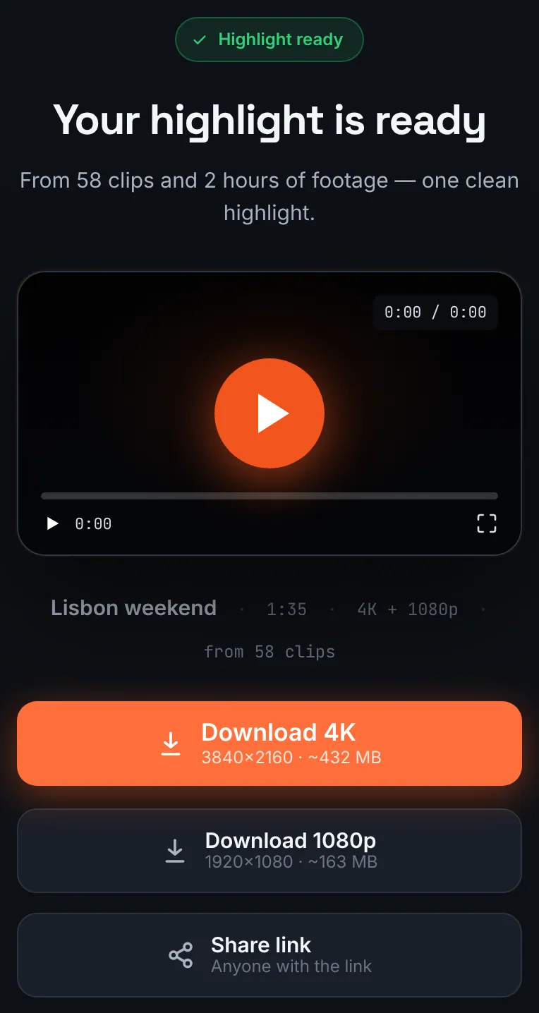RawClip result page on a phone showing the Osmo Pocket highlight player and download buttons