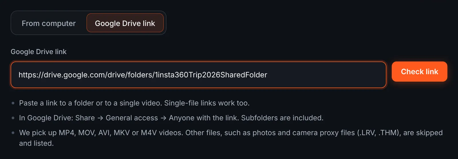 RawClip Google Drive link option with a folder of Insta360 exports pasted in