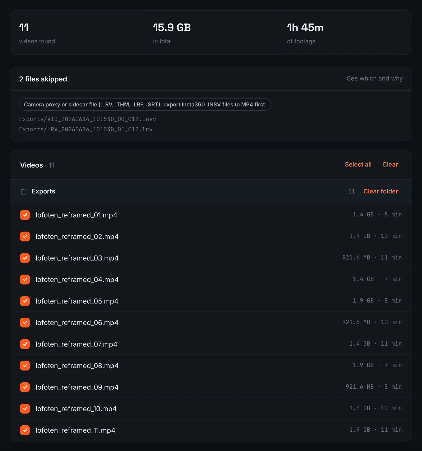 RawClip link review listing Insta360 MP4 exports from Google Drive and the skipped INSV and LRV files