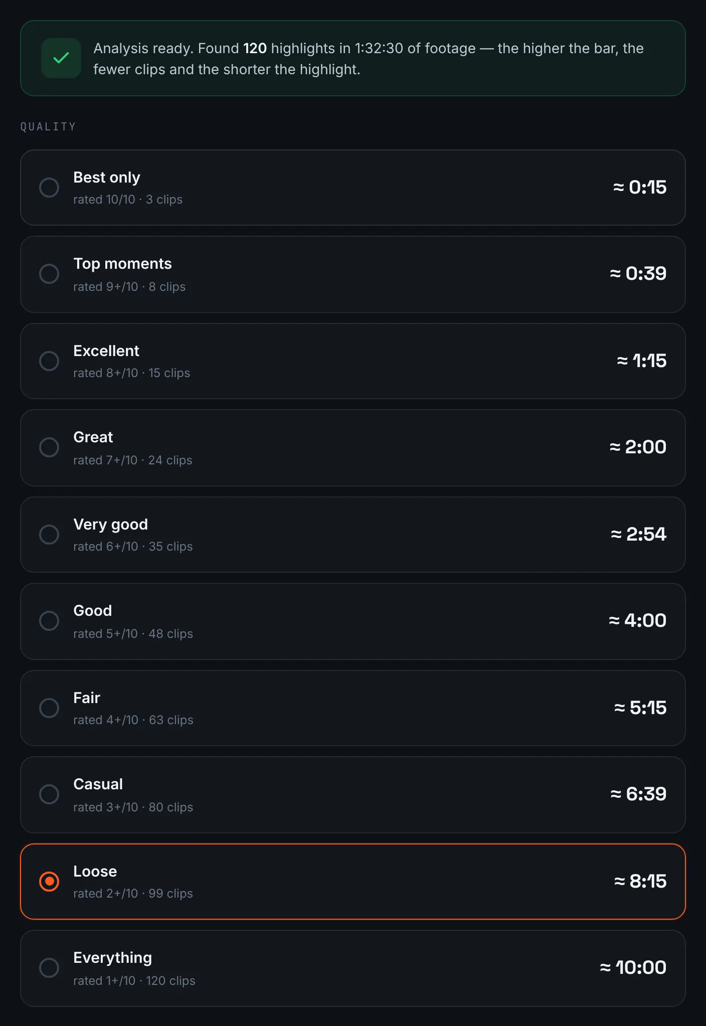RawClip choose screen with quality levels for Sony footage, each with clip count and estimated length