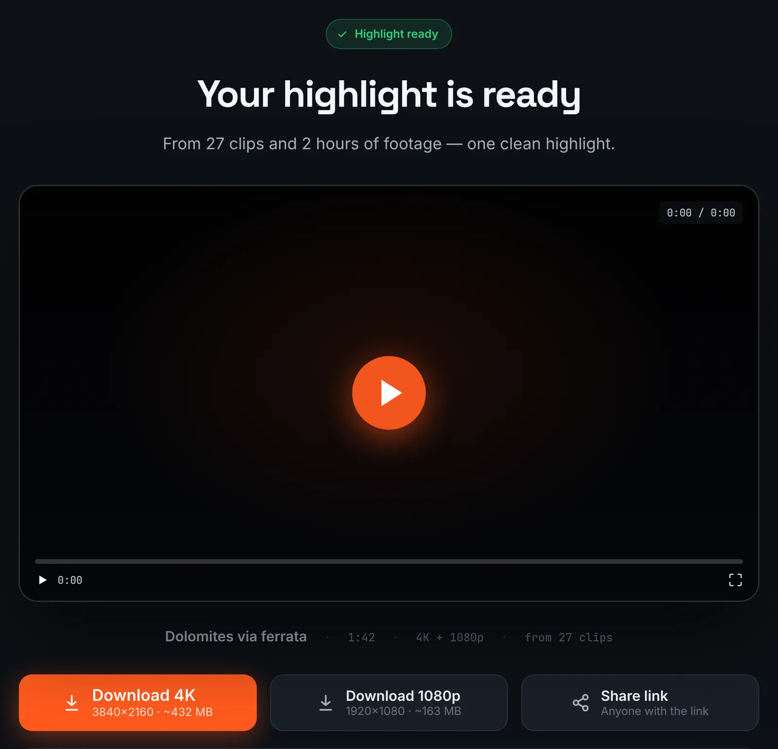 RawClip result page with the Sony highlight player and download buttons for 4K and 1080p
