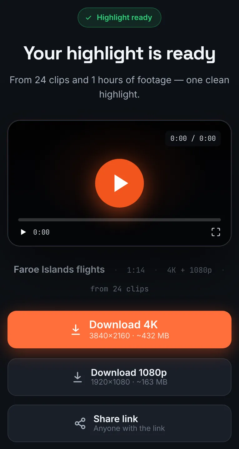 RawClip result page on a phone with the DJI Mini highlight and download buttons