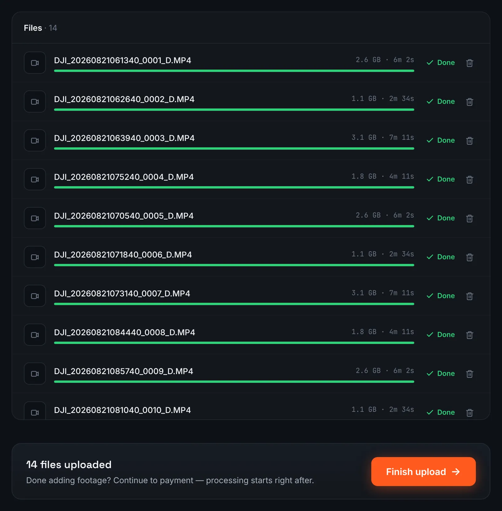RawClip upload screen listing DJI Mini drone flight videos with sizes, lengths and a Finish upload button