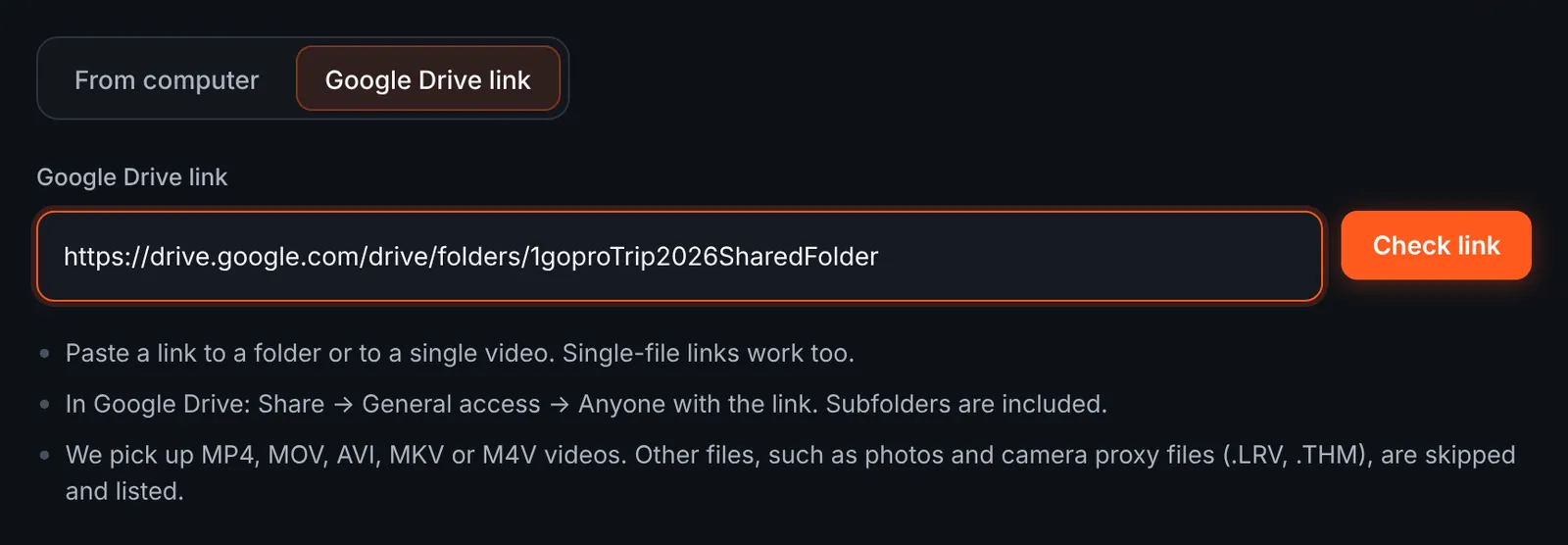 RawClip source switch set to Google Drive link with a shared folder address pasted into the field and a Check link button