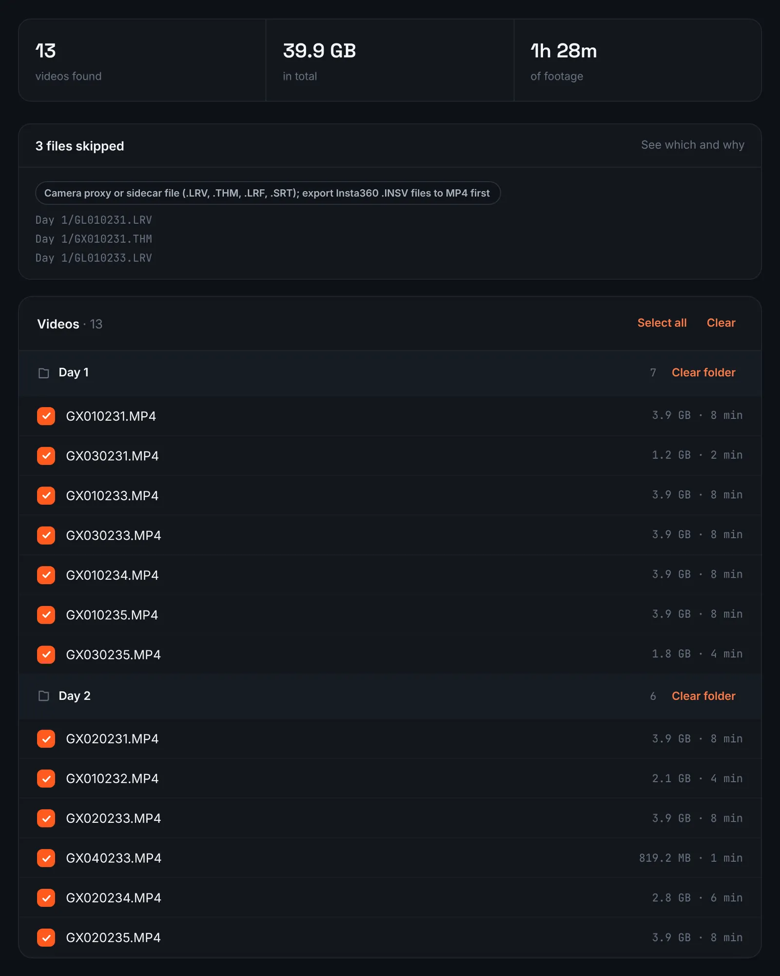 RawClip link review screen with GoPro videos found in a shared Google Drive folder, ticked for download, and the skipped LRV and THM files listed with the reason
