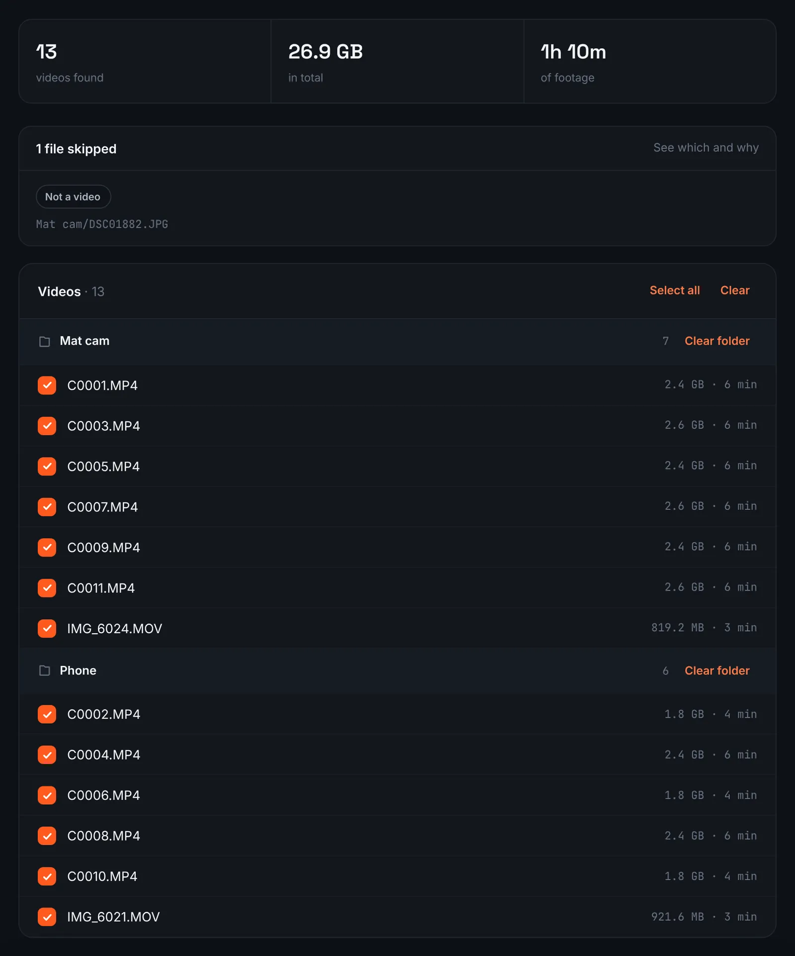 RawClip review of sparring round videos in a Google Drive folder with checkboxes and a skipped photo