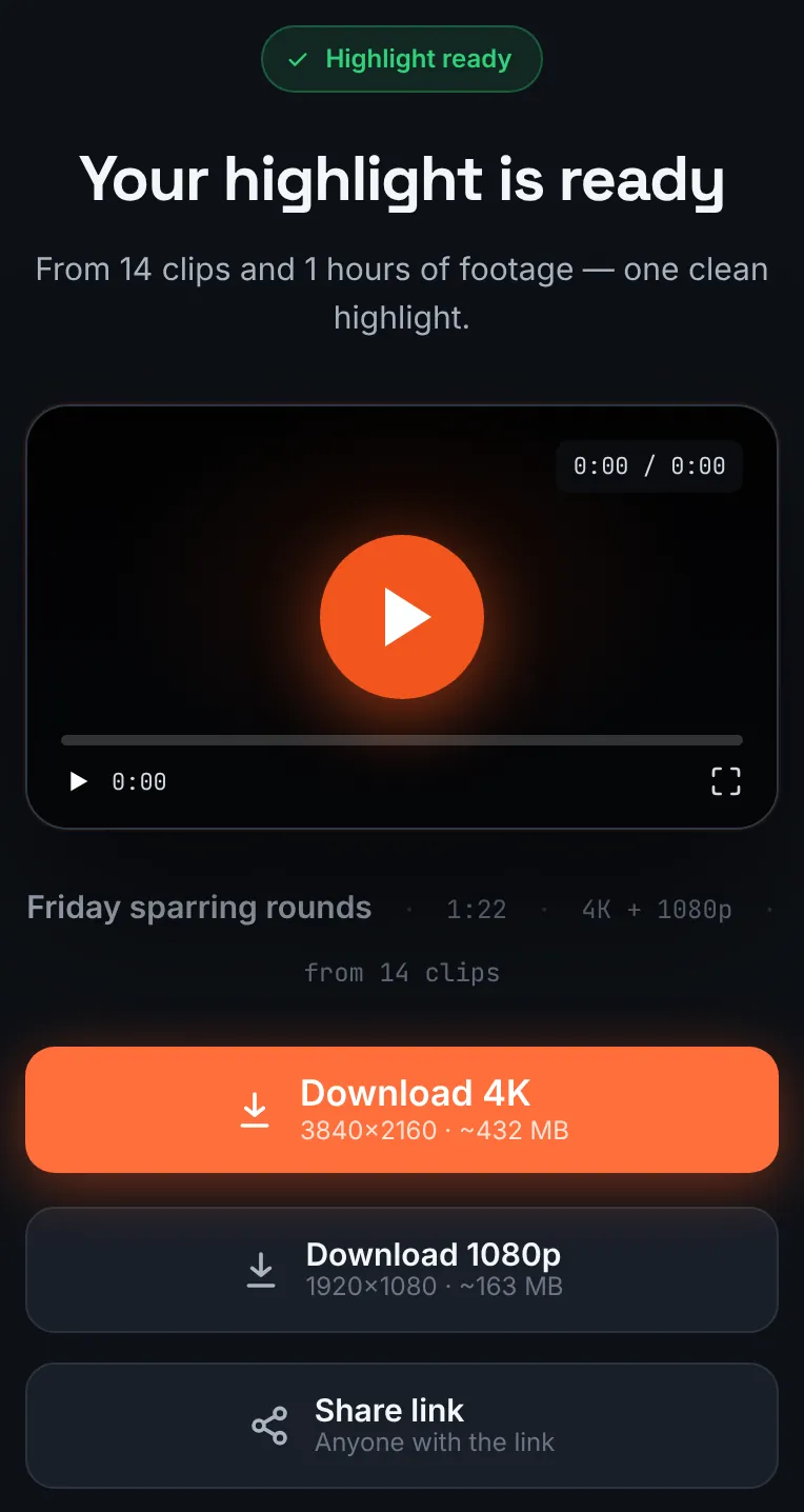 RawClip result page on a phone with the finished sparring highlight reel and download buttons