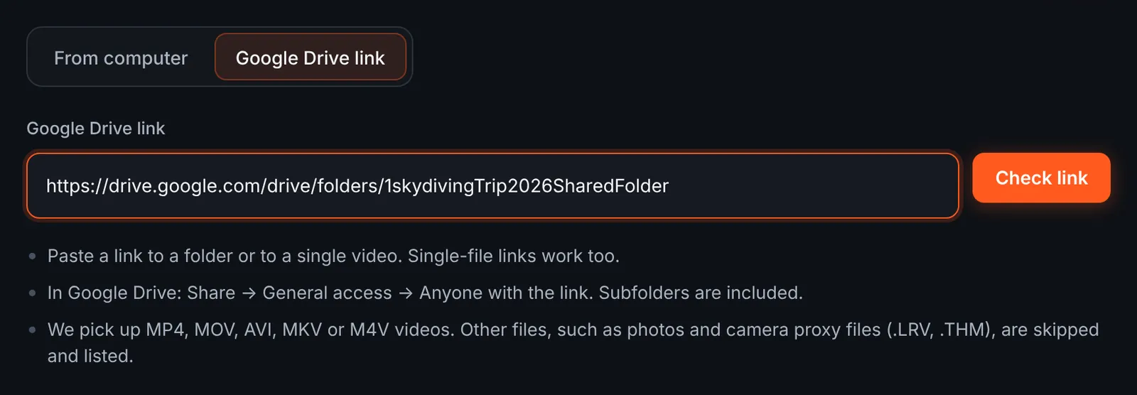 RawClip Google Drive link source with a drop zone jump video folder pasted into the field