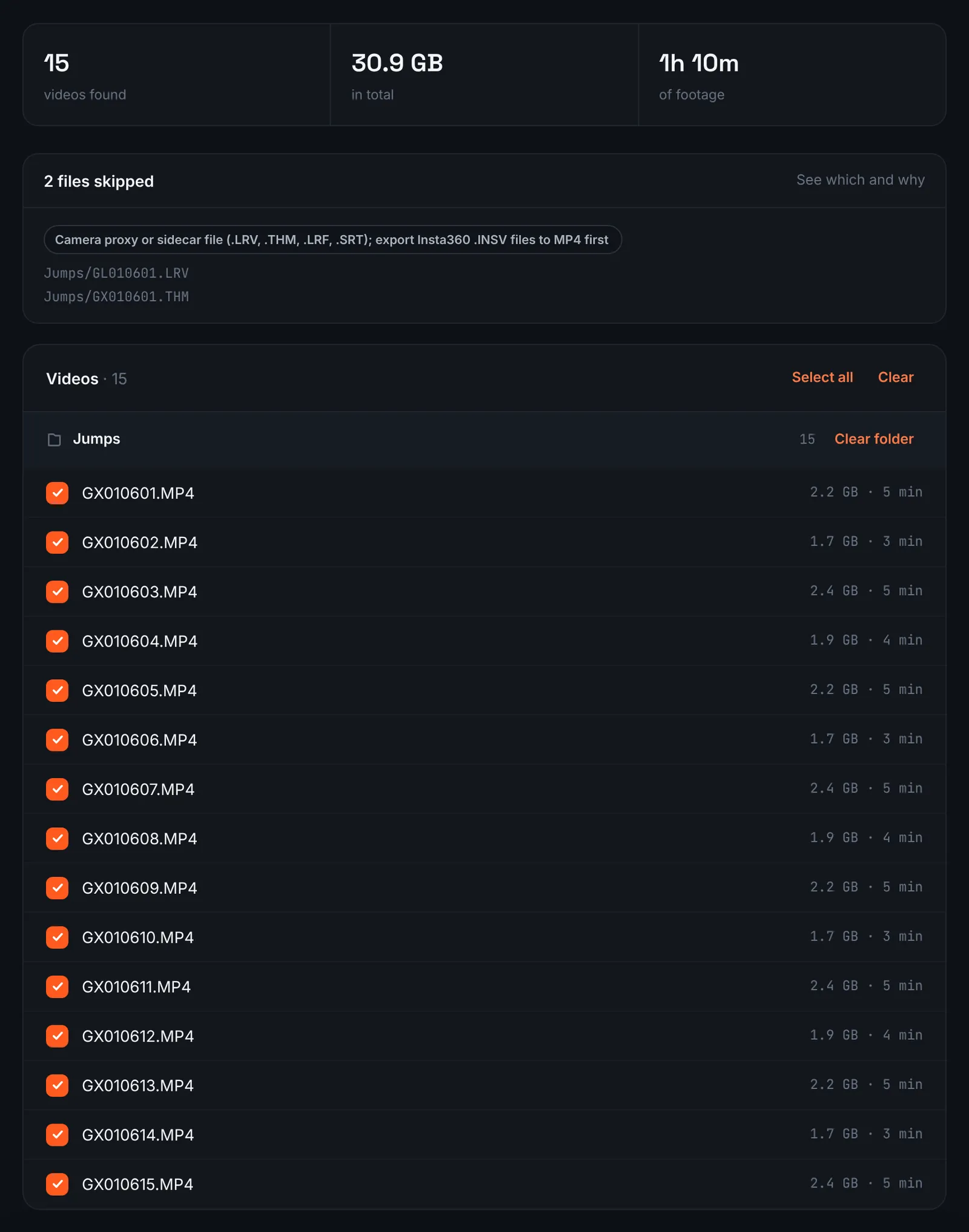 RawClip review of skydiving jump videos found in a Google Drive folder with checkboxes and skipped proxy files