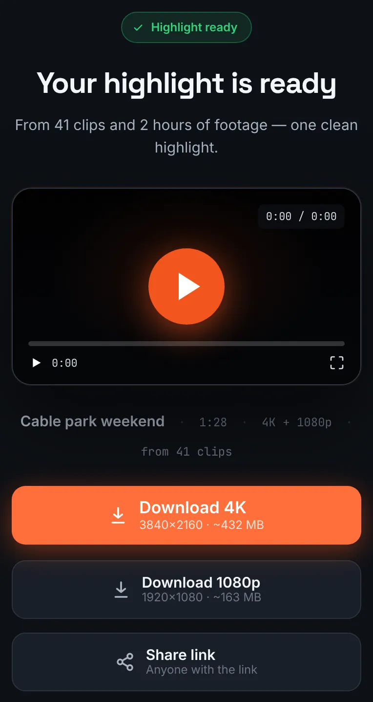 RawClip result page on a phone with the finished wakeboarding highlight and download buttons